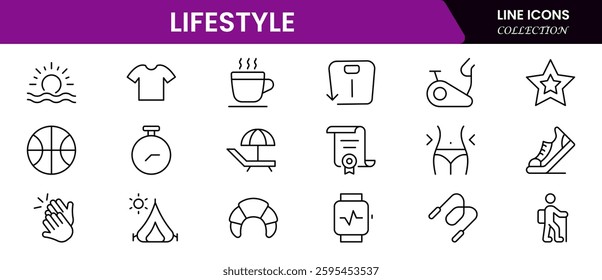 Lifestyle icon set. Containing healthy lifestyle, diet, exercise, sleep, relationships, running, routine, self-care, culture and hobbies icons.