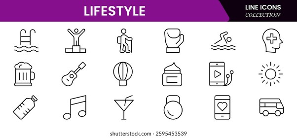 Lifestyle icon set. Containing healthy lifestyle, diet, exercise, sleep, relationships, running, routine, self-care, culture and hobbies icons.