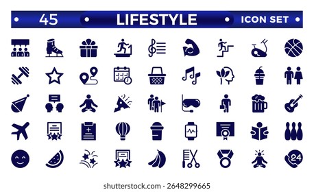 Lifestyle icon set. Containing healthy lifestyle, diet, exercise, sleep, relationships, running, routine, self-care, culture and hobbies icons. Solid icon collection.

