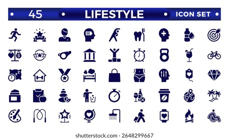 Lifestyle icon set. Containing healthy lifestyle, diet, exercise, sleep, relationships, running, routine, self-care, culture and hobbies icons. Solid icon collection.
