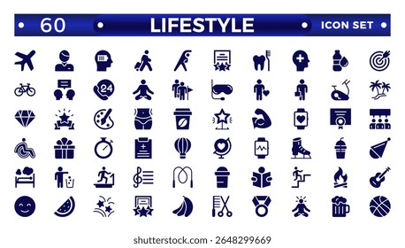 Lifestyle icon set. Containing healthy lifestyle, diet, exercise, sleep, relationships, running, routine, self-care, culture and hobbies icons. Solid icon collection.
