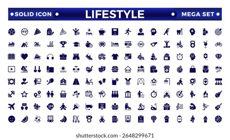 Lifestyle icon set. Containing healthy lifestyle, diet, exercise, sleep, relationships, running, routine, self-care, culture and hobbies icons. Solid icon collection.
