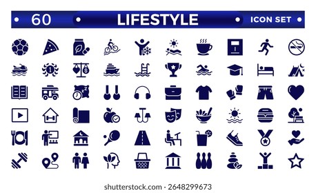 Lifestyle icon set. Containing healthy lifestyle, diet, exercise, sleep, relationships, running, routine, self-care, culture and hobbies icons. Solid icon collection.
