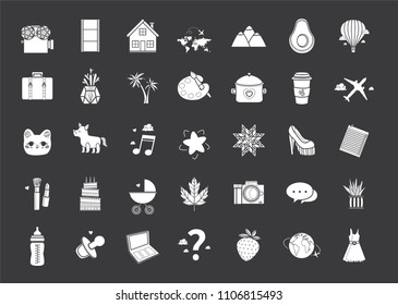 Lifestyle icon set. Cute cartoon vector icons isolated on black. Social networks. Tourism, vacation, rest, pets, fashion, baby, art.
