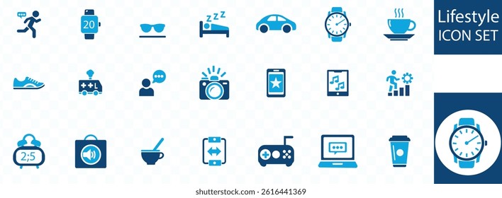 Lifestyle icon set lifestyle, diet, exercise, sleep, relationships, running, routine, self-care, culture and hobbies AND SOLID VECTOR