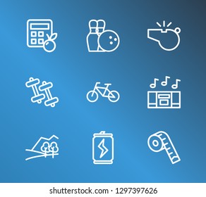 Lifestyle icon set and energy dose with calorie calculator, music player and nature. Energetic drink related lifestyle icon vector for web UI logo design.