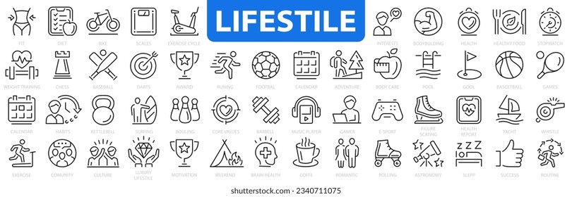 Juego de iconos de estilo de vida. Hobby y estilo de vida. Estilo de vida saludable, dieta, ejercicio, sueño, relaciones, correr, rutina, autocuidado, cultura, hobby y más. Ilustración del vector