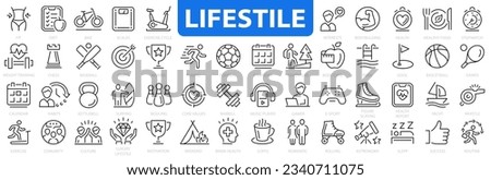Lifestyle icon set. Hobby and lifestyle. Healthy lifestyle, diet, exercise, sleep, relationships, running, routine, self-care, culture, hobby and more. Vector illustration