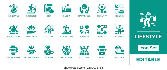 Conjunto De Ícones De Estilo De Vida. Inclui ícones de bem-estar, fitness, viagens, comida, hobbies e rotina diária. Perfeito para blogs, aplicativos, revistas e projetos pessoais de marcas.