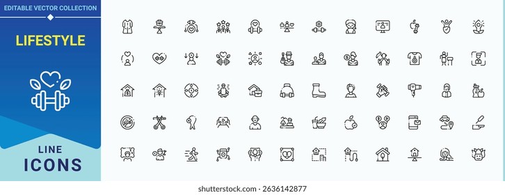 Lifestyle icon set. Pack of body, sport, life, health, food, fit and more. Style related icon set. Minimalist vector collections. Editable vector art and illustration.