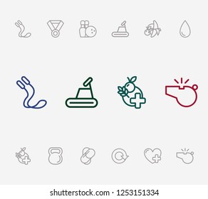 Lifestyle icon set and rounds with whistle, healthy diet and jumping rope. Drug related lifestyle icon vector for web UI logo design.
