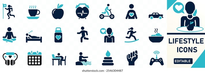Lifestyle icon set. Solid flat vector icons collection.