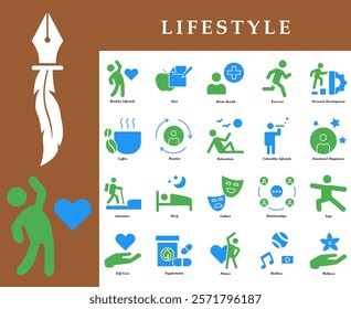 Lifestyle icon set that reflects various aspects of modern life. With blue and green colors, these icons are perfect for creative projects, applications, and branding.