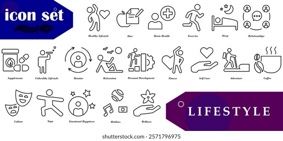 Lifestyle icon set that reflects various aspects of modern life. Designed in a clean and dynamic style, these icons are perfect for creative projects, applications and branding.