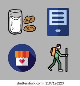 lifestyle icon set. vector set about breakfast, ereader, hiker and shop icons set.