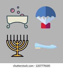 lifestyle icon set. vector set about hebrew, parachute, ballet flats and bathtub icons set.