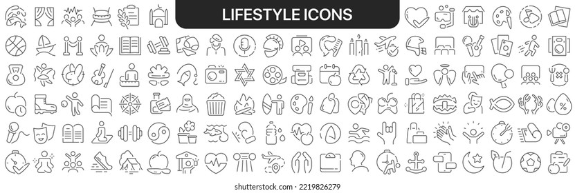 Lifestyle icons collection in black. Icons big set for design. Vector linear icons