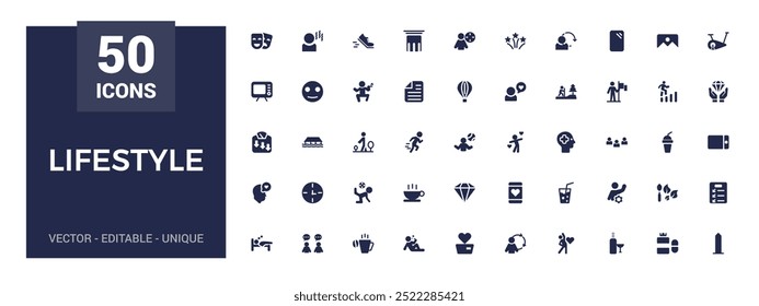 Coleção de ícones de estilo de vida. Relacionado com estilo de vida saudável, dieta, exercício, conjunto de ícones preenchido, glifo para web e ui. Ícones sólidos definidos. Ilustração vetorial.
