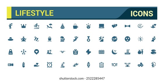 Lifestyle icons collection. Related to healthy lifestyle, diet, exercise, filled icon set, glyph for web and ui. Solid icons set. Vector illustration.