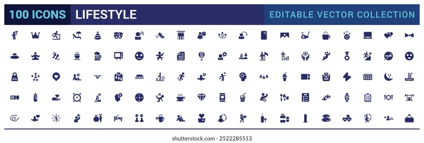 Coleção de ícones de estilo de vida. Relacionado com estilo de vida saudável, dieta, exercício, conjunto de ícones preenchido, glifo para web e ui. Ícones sólidos definidos. Ilustração vetorial.