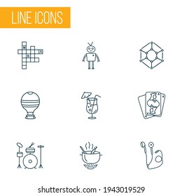 Iconos de estilo de vida línea de estilo conjunto con cóctel, crucigrama, robots y otros elementos martini. Iconos aislados de estilo de vida de ilustraciones vectoriales.