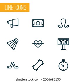 Lifestyle icons line style set with tennis ball, pressure tracker, skateboard and other scoreboard elements. Isolated vector illustration lifestyle icons.