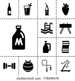 Lifestyle icons. set of 13 editable filled lifestyle icons such as milk can, aroma stick, bottle, fit ball, fintess equipment, fitness carpet, heart organ, soda bottle