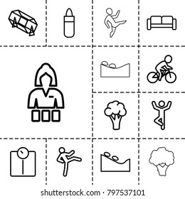 Lifestyle icons. set of 13 editable outline lifestyle icons such as cauliflower, sofa, lipstick, spa stone, casino girl, lottery, man doing exercises, floor scale