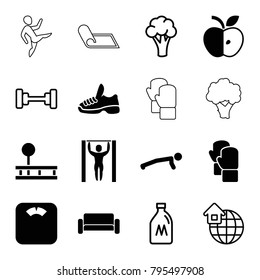 Lifestyle icons. set of 16 editable filled and outline lifestyle icons such as floor scales, man doing exercises, trainers, milk can, cauliflower, barbell, global home, sofa