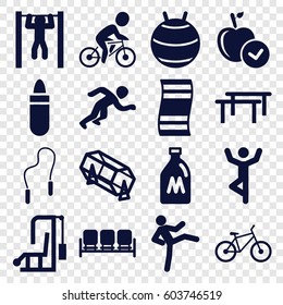 Lifestyle icons set. set of 16 lifestyle filled icons such as milk can, sofa, lipstick, apple, lottery, bar   tightening, bicycle, skipping rope, running, fit ball