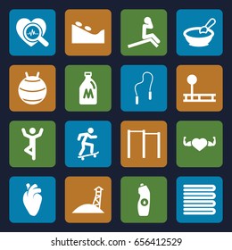 Lifestyle icons set. set of 16 lifestyle filled icons such as milk can, towels, porridge, spa stone, water bottle, heart with muscles, heart organ, heartbeat search