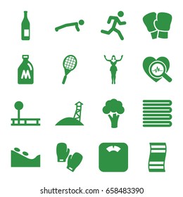 Lifestyle icons set. set of 16 lifestyle filled icons such as milk can, cauliflower, towels, spa stone, heartbeat search, dancing woman, tennis rocket, boxing gloves