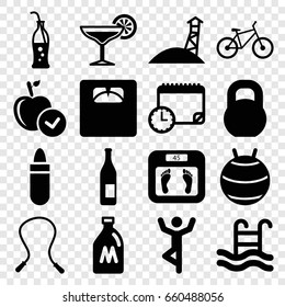 Lifestyle icons set. set of 16 lifestyle filled icons such as milk can, lipstick, floor scales, apple, barbell, soda bottle, swimming pool, cocktail, bicycle
