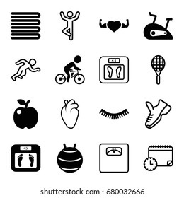 Lifestyle icons set. set of 16 lifestyle filled and outline icons such as towels, eyelash, floor scales, heart with muscles, bicycle, exercise bike, heart organ