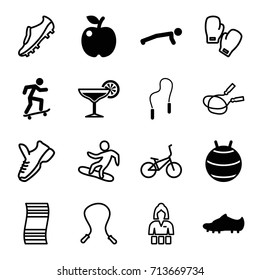 Lifestyle icons set. set of 16 lifestyle filled and outline icons such as cocktail, skipping rope, soccer trainers, skateboard, jump rope, casino girl, snowboard, trainers