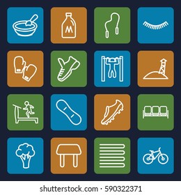 lifestyle icons set. Set of 16 lifestyle outline icons such as sofa, milk can, cauliflower, towels, porridge, table, eyelash, treadmill, bar   tightening