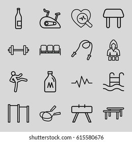 Lifestyle icons set. set of 16 lifestyle outline icons such as sofa, milk can, table, jump rope, Casino girl, heartbeat, heartbeat search, swimming pool, exercise bike