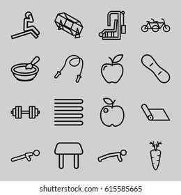 Lifestyle icons set. set of 16 lifestyle outline icons such as towels, porridge, table, lottery, apple, carrot, push up, snow board, barbell   isolated, family bicycle