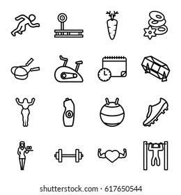 Lifestyle icons set. set of 16 lifestyle outline icons such as jump rope, spa stones, lottery, Casino girl, water bottle, heart with muscles, carrot, bar   tightening