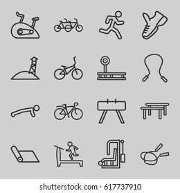 Lifestyle icons set. set of 16 lifestyle outline icons such as treadmill, jump rope, bicycle, observation military tower, exercise bike, trainers, family bicycle