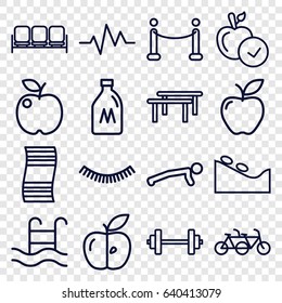 Lifestyle icons set. set of 16 lifestyle outline icons such as sofa, milk can, eyelash, spa stone, apple, heartbeat, swimming pool, red carpet, family bicycle, barbell