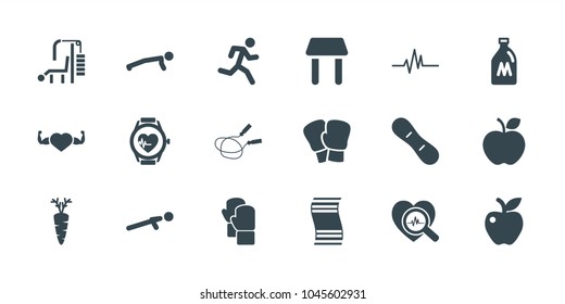 Lifestyle icons. set of 18 editable filled lifestyle icons: milk can, jump rope, boxing gloves, running man, man doing exercises, apple, heart with muscles, carrot, push up