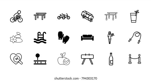 Lifestyle icons. set of 18 editable filled and outline lifestyle icons: sofa, family bicycle, swimming pool, boxing gloves, lottery, casino girl, bottle, skipping rope