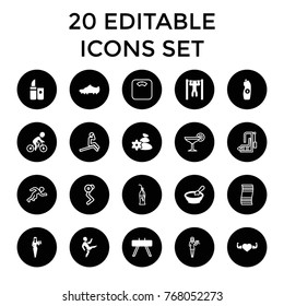 Lifestyle icons. set of 20 editable filled and outline lifestyle icons such as porridge, casino girl, water bottle, fintess equipment, heart with muscles, bar   tightening