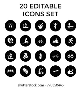 Lifestyle icons. set of 20 editable filled lifestyle icons such as sofa, treadmill, spa stones, water bottle, running man. best quality lifestyle elements in trendy style.