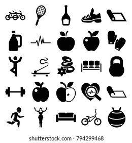 Lifestyle icons. set of 25 editable filled lifestyle icons such as sofa, spa stones, apple, family bicycle, barbell, fit ball, man doing exercises, carpet, heartbeat