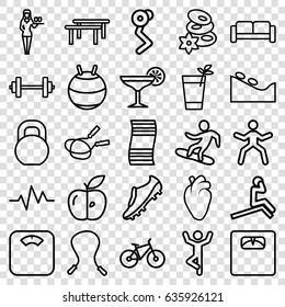 Lifestyle icons set. set of 25 lifestyle outline icons such as sofa, spa stone, jump rope, spa stones, casino girl, apple, floor scales, heart organ, barbell, heartbeat