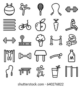 Lifestyle icons set. set of 25 lifestyle outline icons such as milk can, cauliflower, towels, table, barbell, spa stones, apple, carrot, bar   tightening, cocktail, red carpet