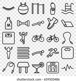 Lifestyle icons set. set of 25 lifestyle outline icons such as milk can, towels, table, eyelash, barbell, floor scales, water bottle, push up, bicycle, heartbeat