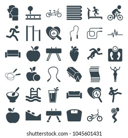Lifestyle icons. set of 36 editable filled lifestyle icons such as sofa, towels, treadmill, spa stone, jump rope, skipping rope, fintess equipment, running man